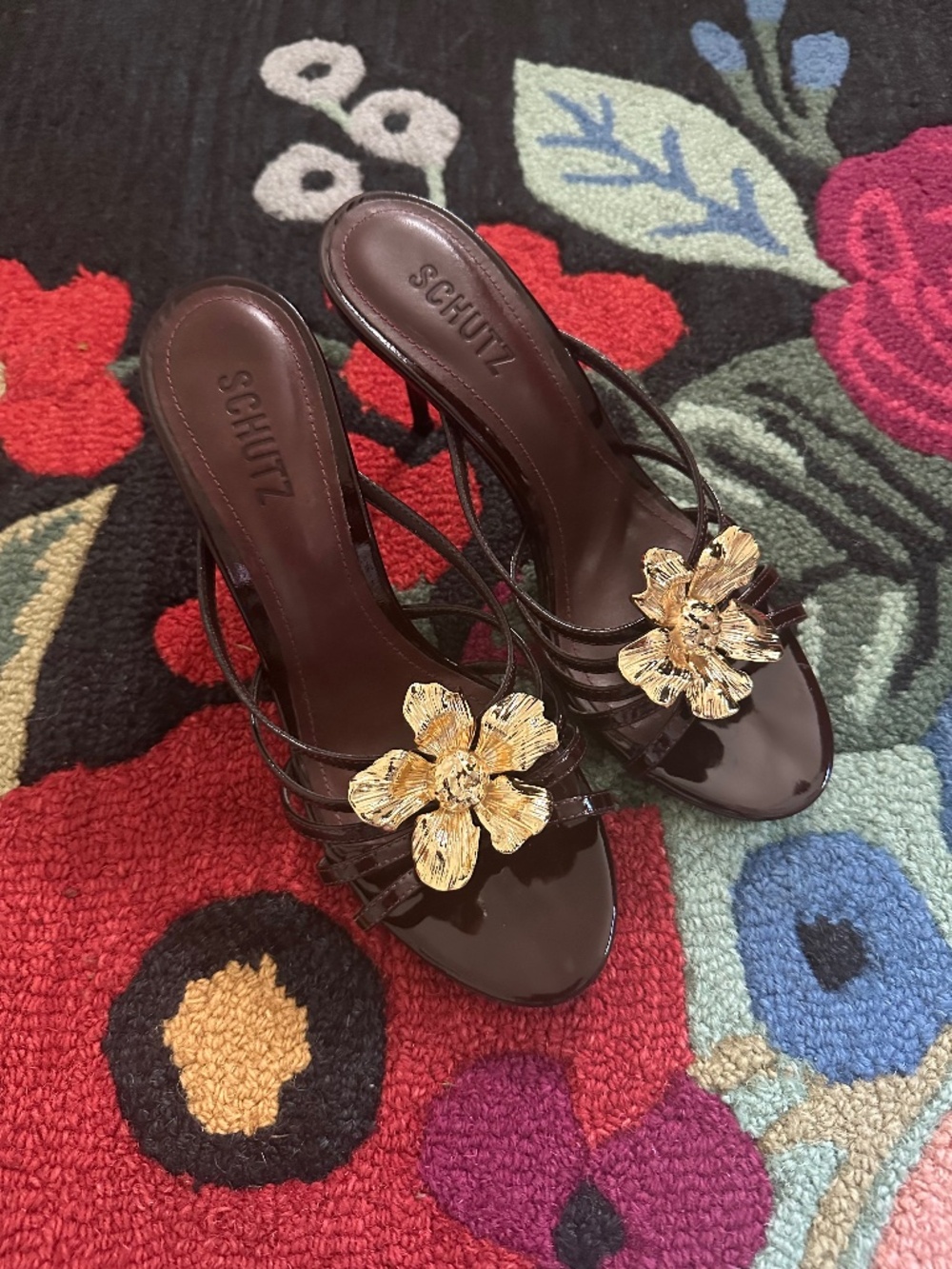 Schutz Flora Mule Heels Maplewood Brown Gold Floral Size 9
